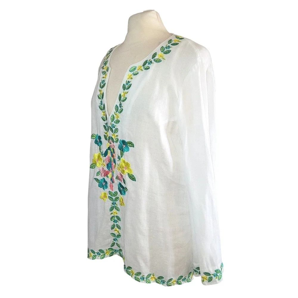 Lilly Pulitzer Amelia Island VTG Embroidered Floral White Linen Boho Tunic Top M - Picture 2 of 9